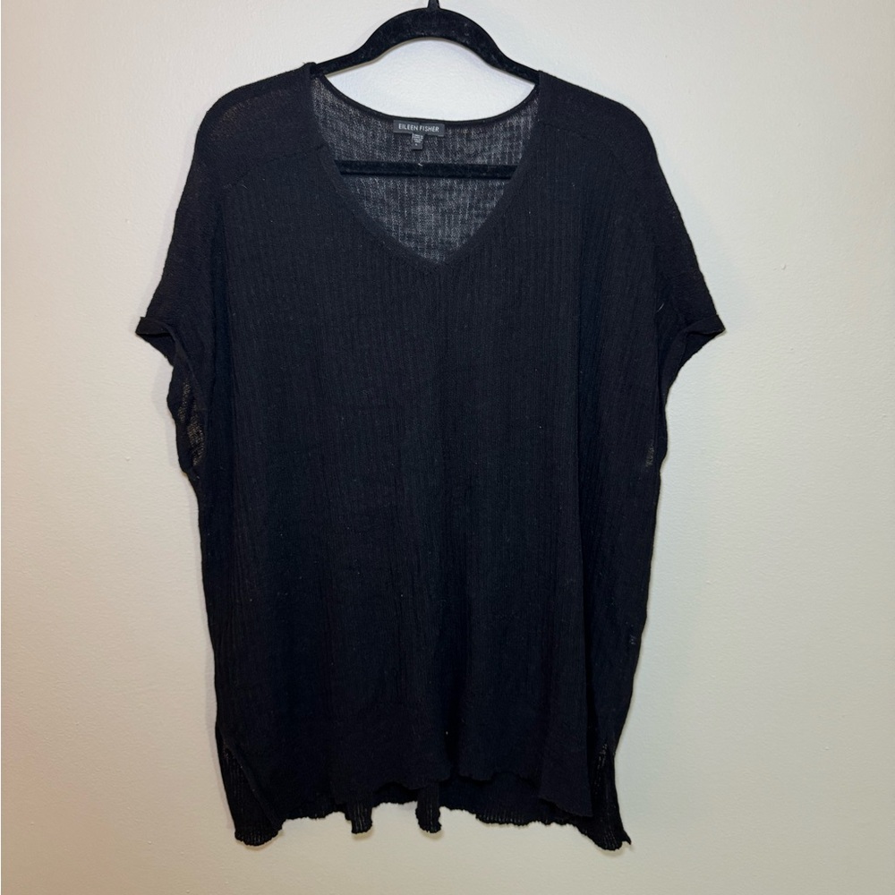 Eileen Fisher Knit Sheer Black Top Green size Large
